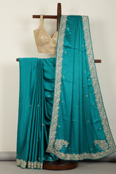 Firozi Colr Pure Satin Crepe Saree with Zardozi Handwork