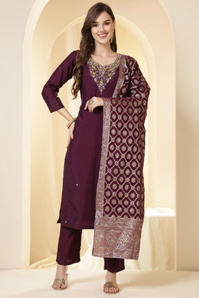Wine Color Silk Neck Embroidered Suit Set