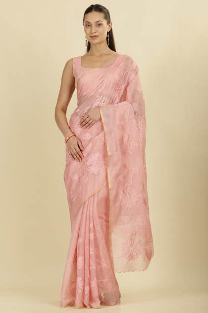 Pink Cotton Floral Resham Embroidered Saree