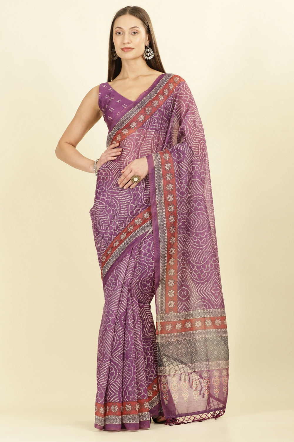 Purple Bandhani Printed Cotton Saree