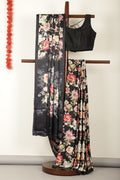 Black Floral Printed Crepe Silk Saree