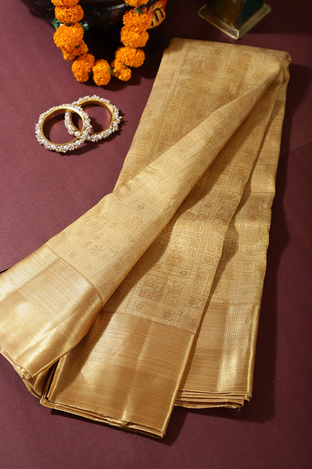 Tussar Color Kanjivaram Pure Silk Handloom Zari Saree with Temple Motifs