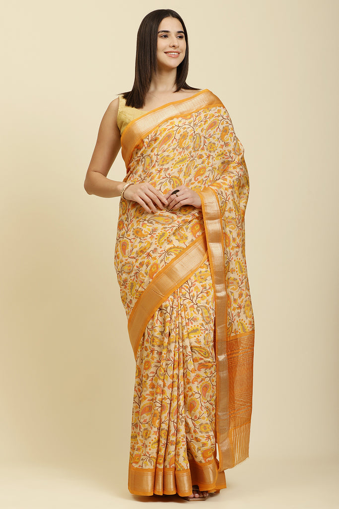 Mustard & Beige Cotton Silk Floral Boota Printed Saree