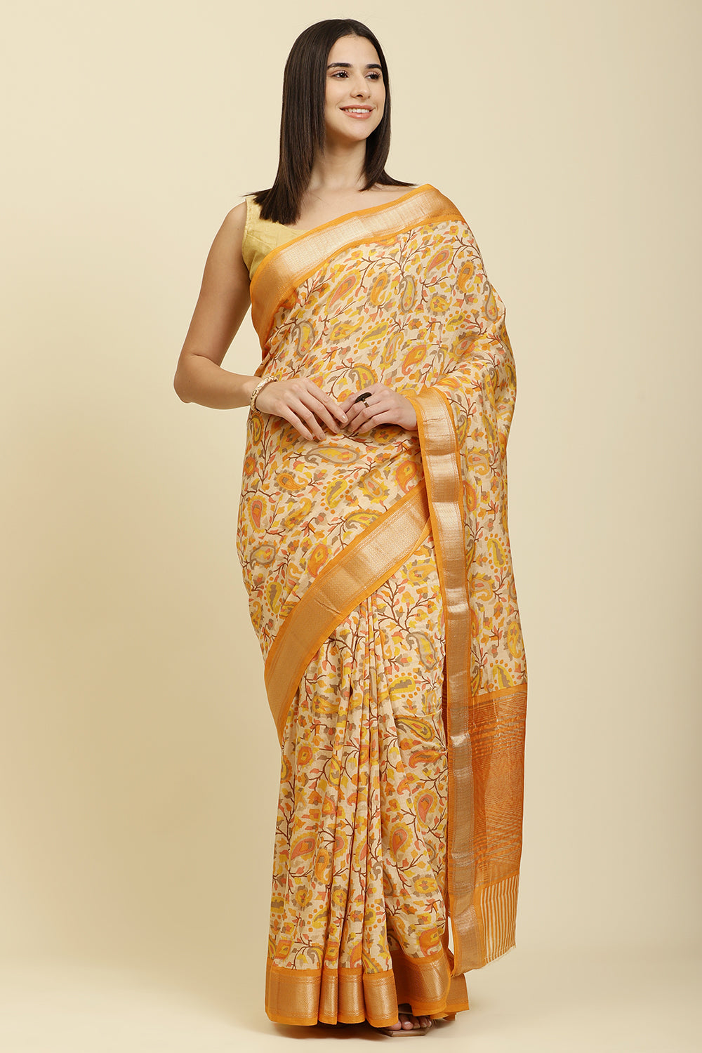 Mustard & Beige Cotton Silk Floral Boota Printed Saree