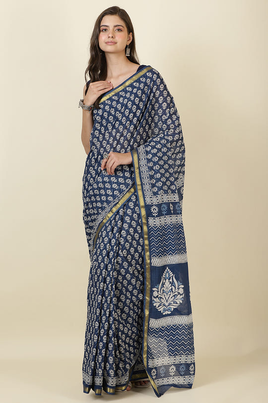Indigo Blue Cotton Block Printed Saree