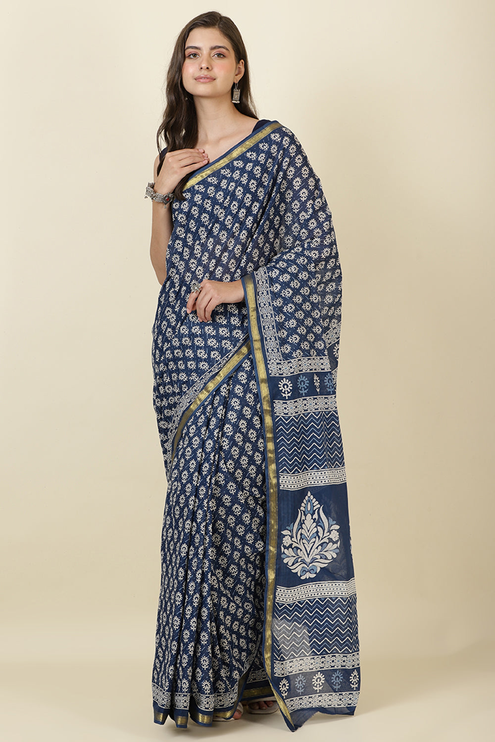 Indigo Blue Cotton Block Printed Saree