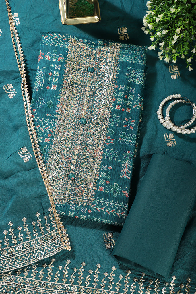 Teal Digital Printed & Neck Embroidered Cotton Unstitched Suit