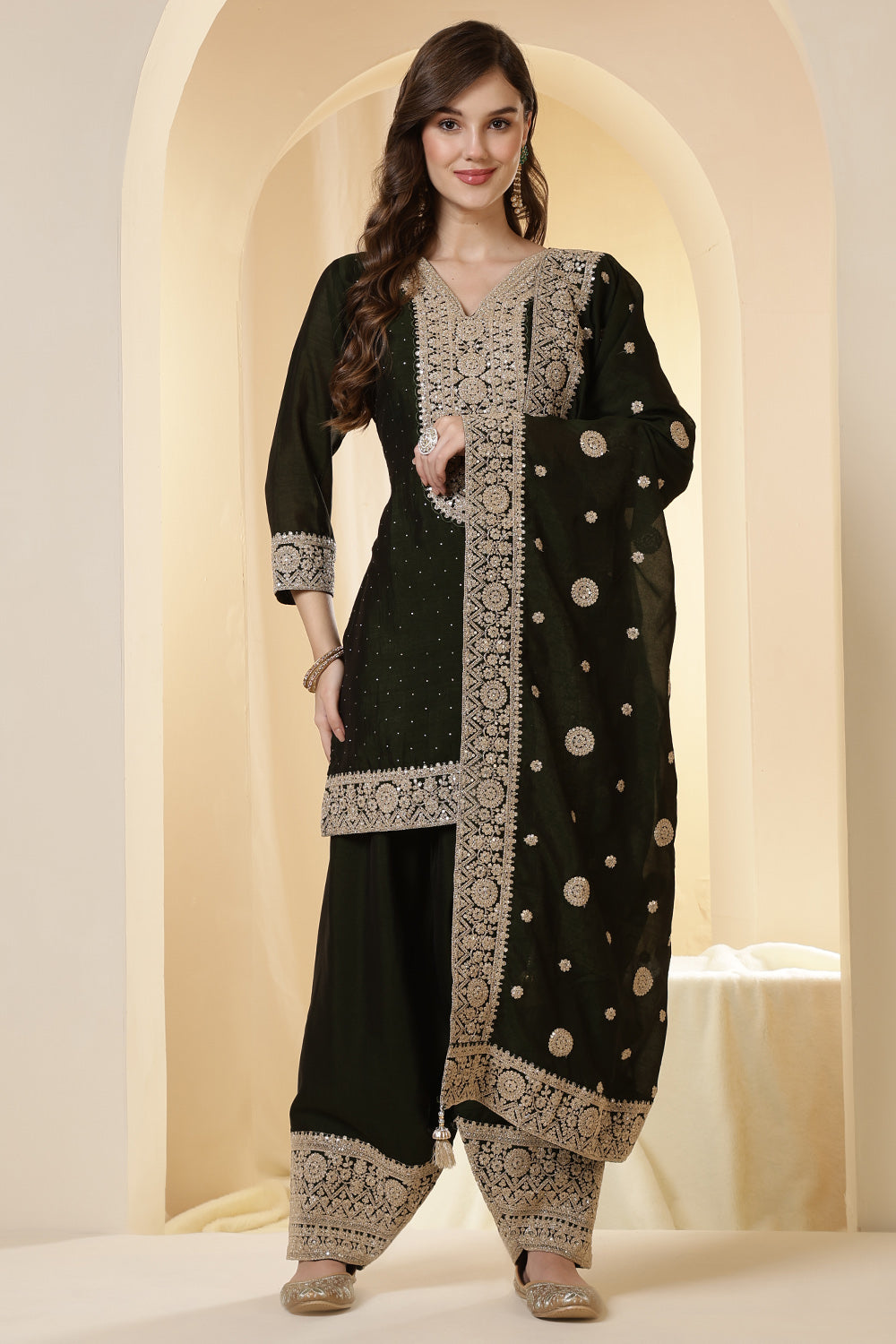 Green Silk Zari Embroidered Suit With Parsi Salwar