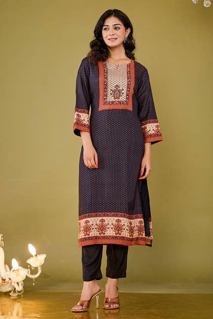 Black Crepe Silk Printed Straight Suit