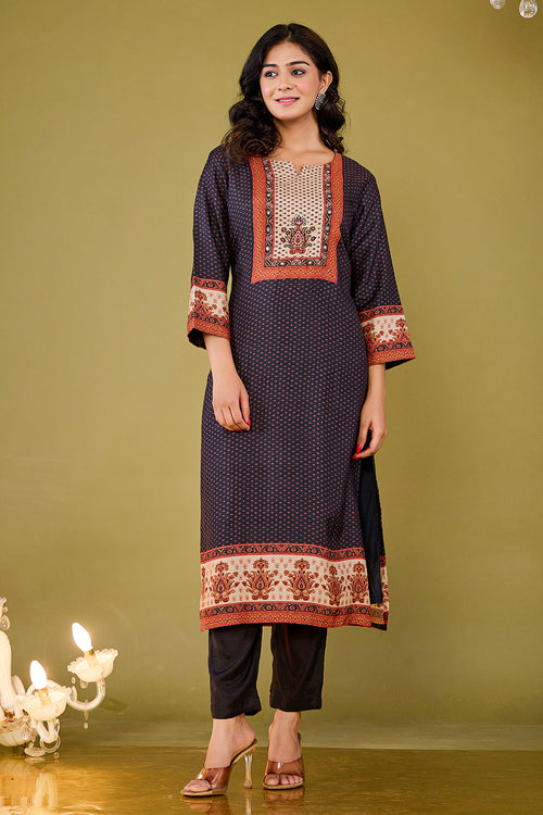 Black Crepe Silk Printed Straight Suit