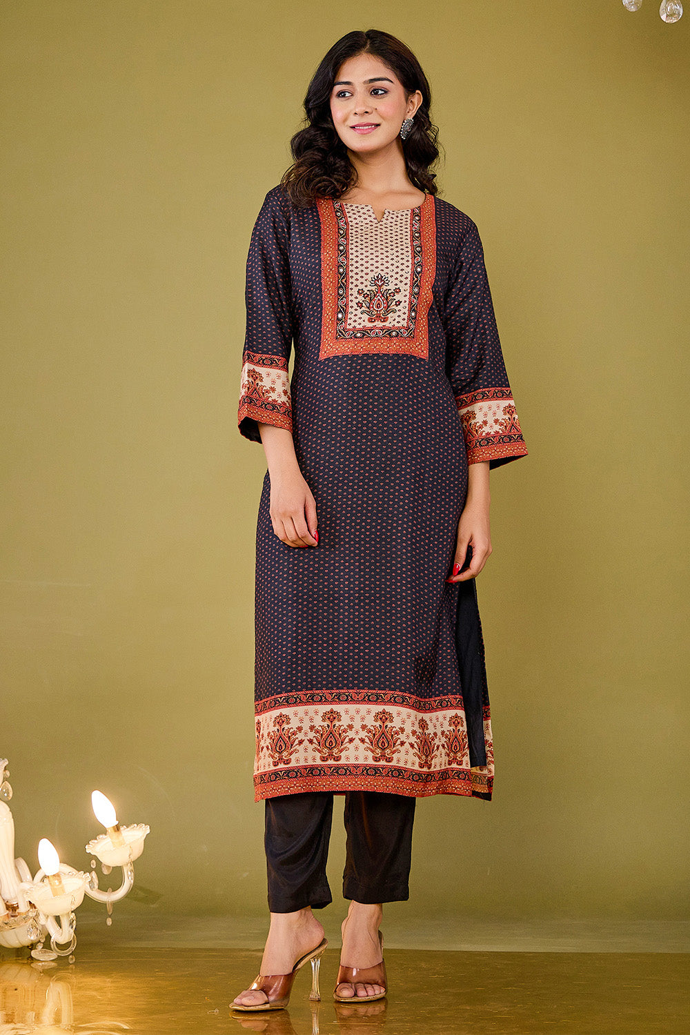 Black Crepe Silk Printed Straight Suit