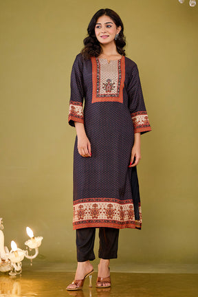 Black Crepe Silk Printed Straight Suit