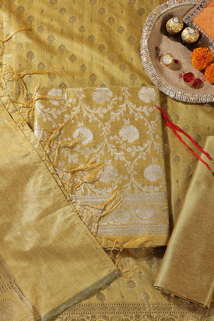 Mustard Colour Zari Woven Silk Unstitched Suit Fabric