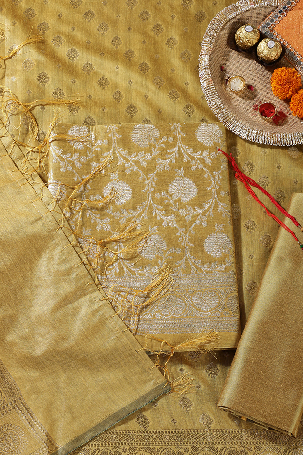Mustard Colour Zari Woven Silk Unstitched Suit Fabric