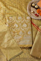 Mustard Colour Zari Woven Silk Unstitched Suit Fabric