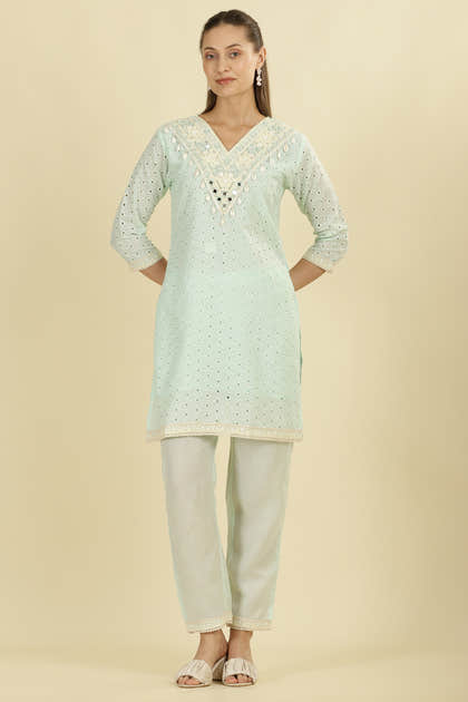 Mint Blue  Cotton Hacoba Style Neck-Embroidered Kurta Set