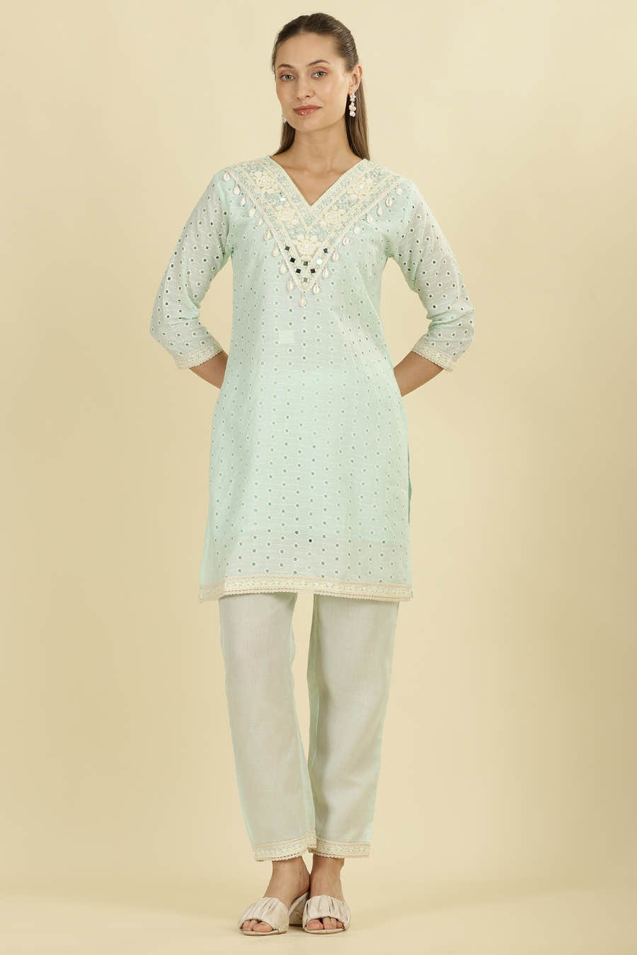 Mint Blue  Cotton Hacoba Style Neck-Embroidered Kurta Set