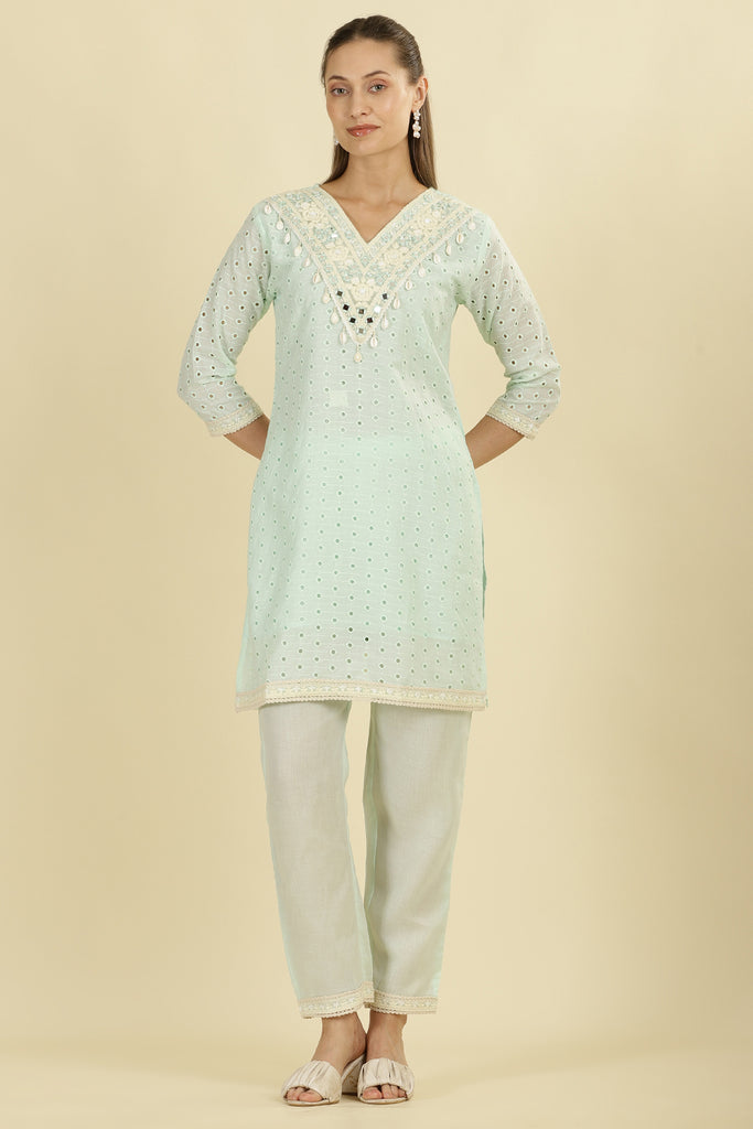 Mint Blue  Cotton Hacoba Style Neck-Embroidered Kurta Set