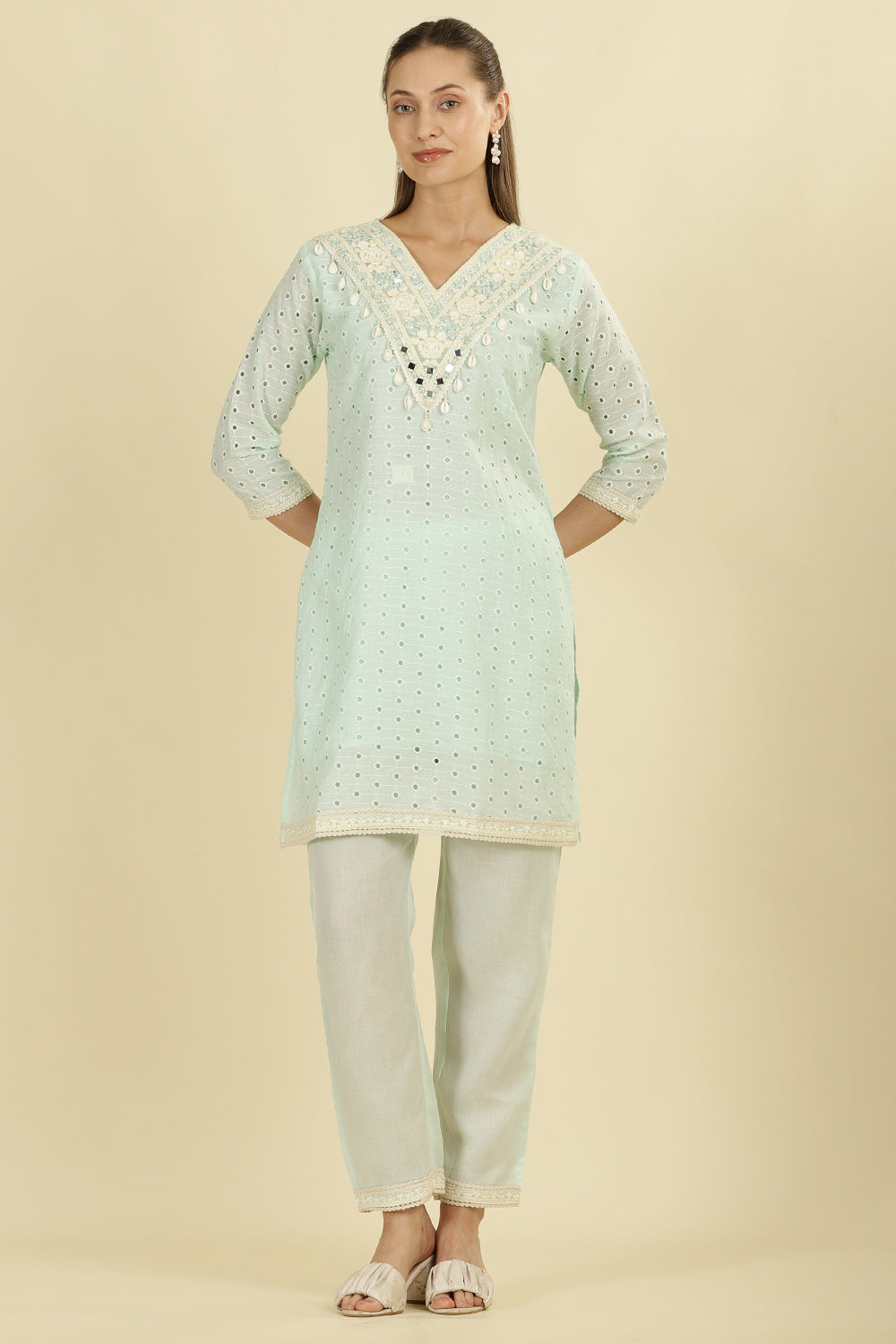 Mint Blue  Cotton Hacoba Style Neck-Embroidered Kurta Set