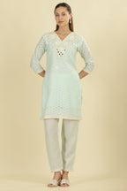 Mint Blue  Cotton Hacoba Style Neck-Embroidered Kurta Set