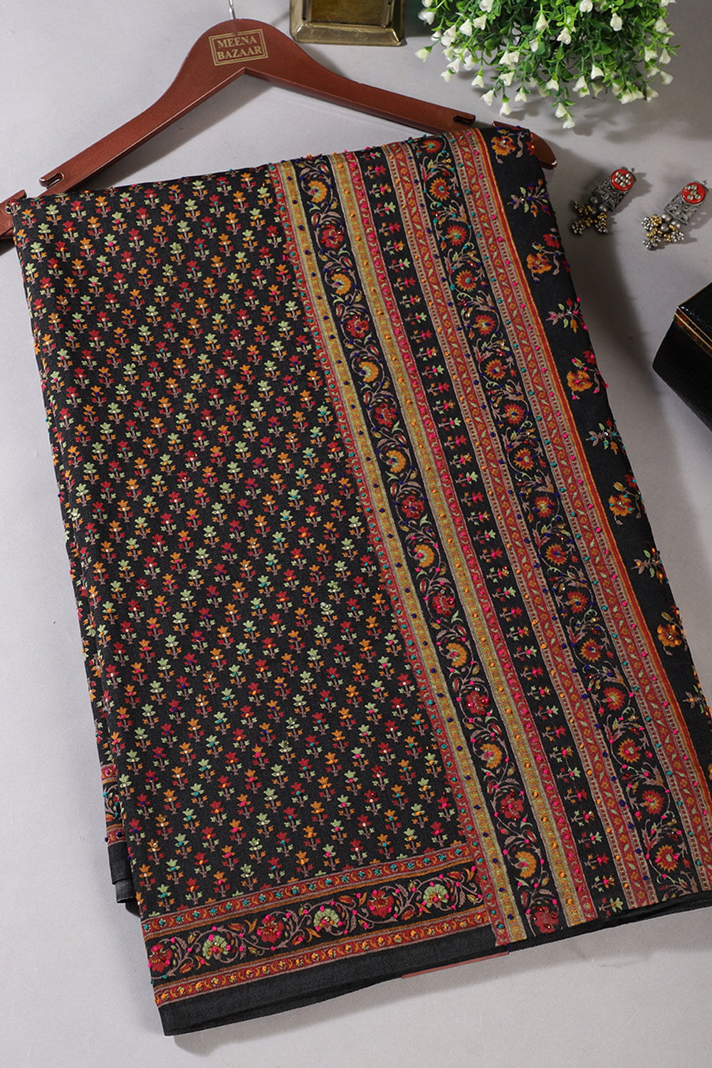 Black Silk Printed And Hand-Knot Work Saree