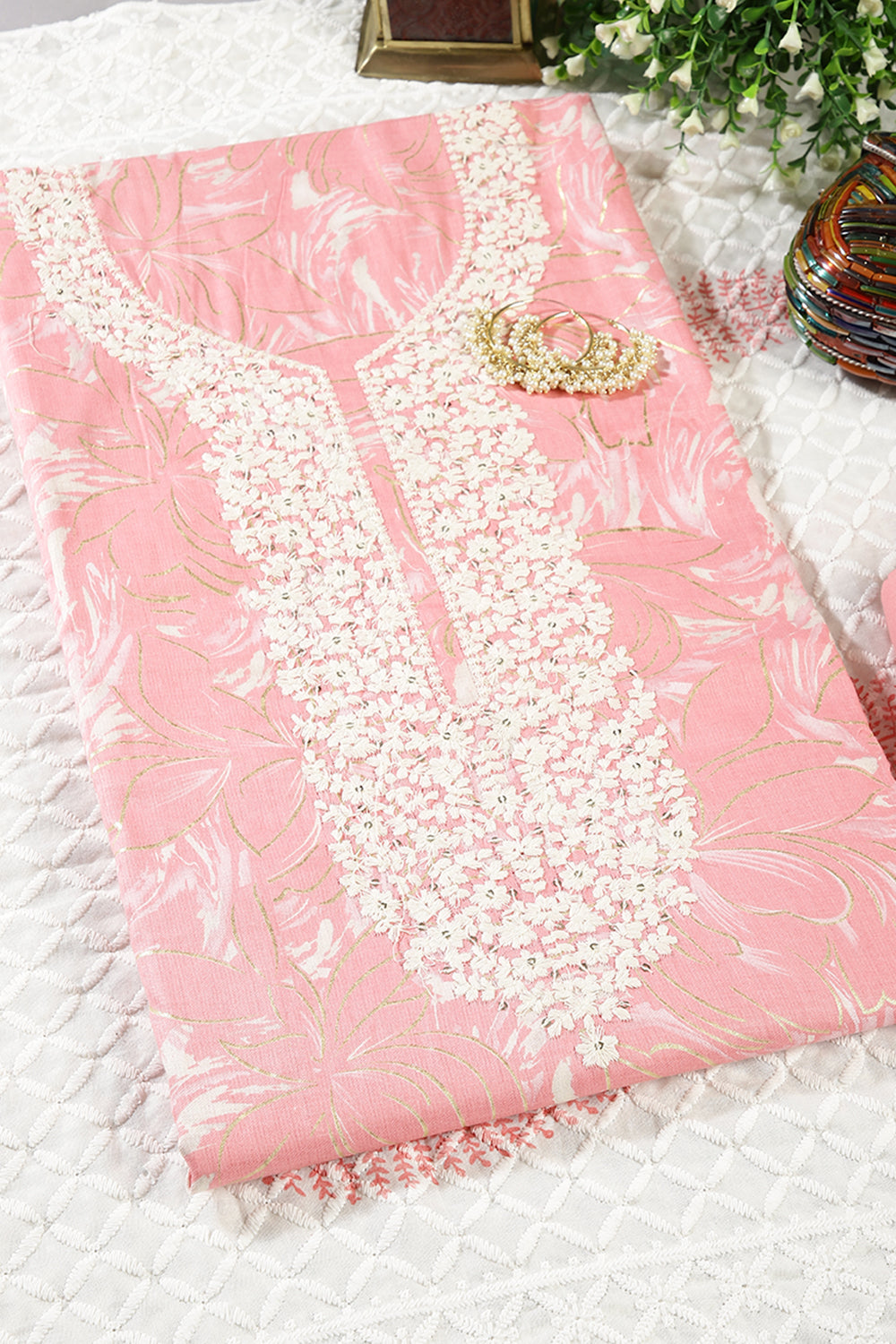 Pink Colour Cotton Printed & Resham Neck Embroidered Unstitched Suit