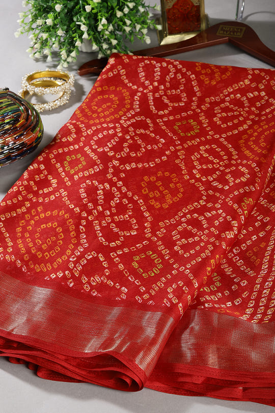 Maroon Color Chiffon Bandhani Printed Saree