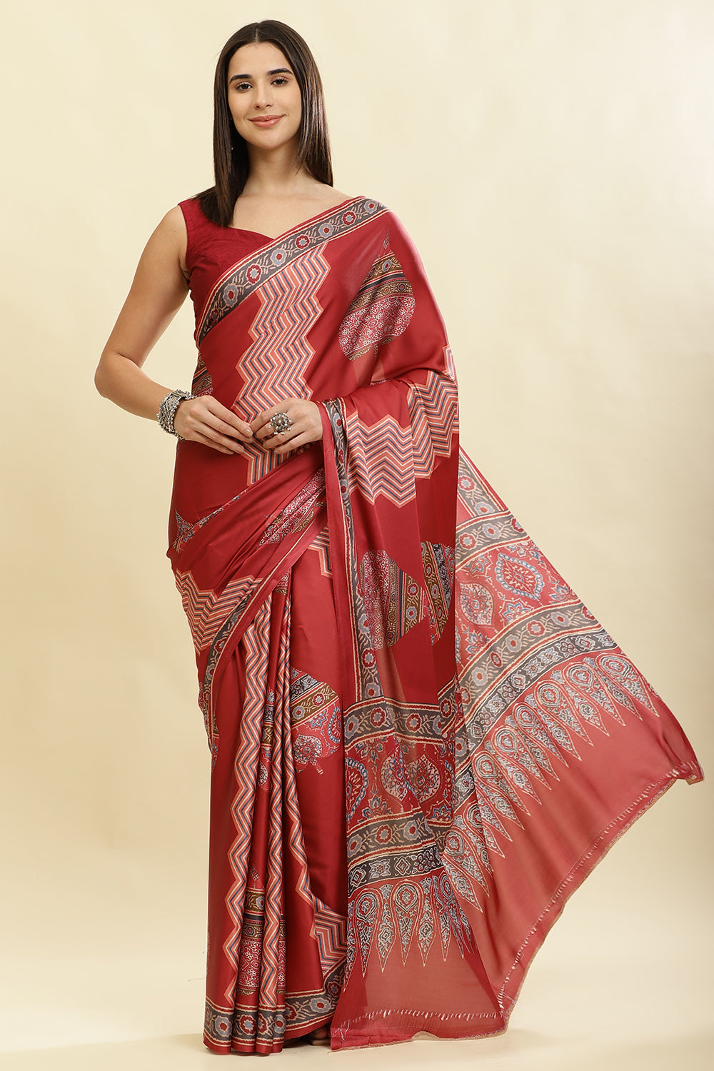 Maroon Crepe Printed Saree