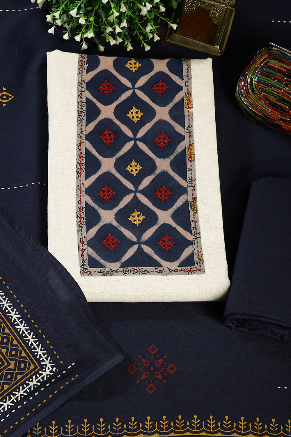 Cream & Indigo Color Khadi Cotton Unstitched Suit Material