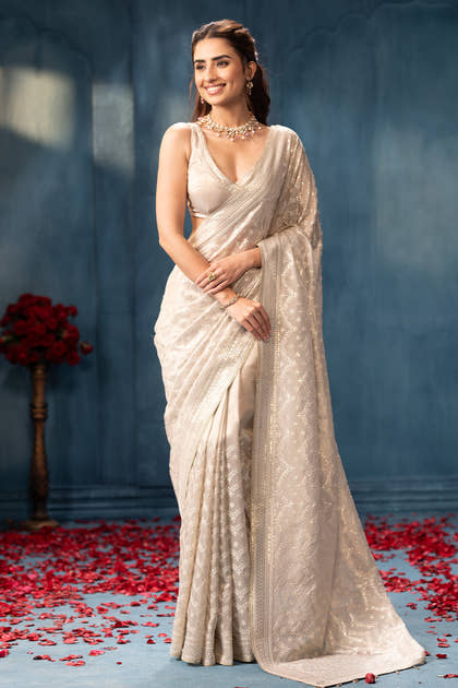 Silver Color Pure Metallic Tissue Resham & Sequins Embroidered Saree