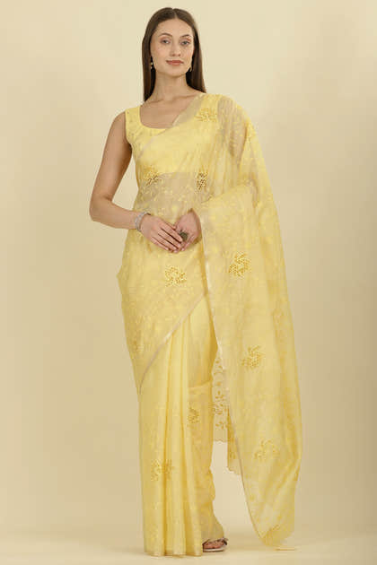 Pale Yellow Floral Resham Embroidered Cotton Saree