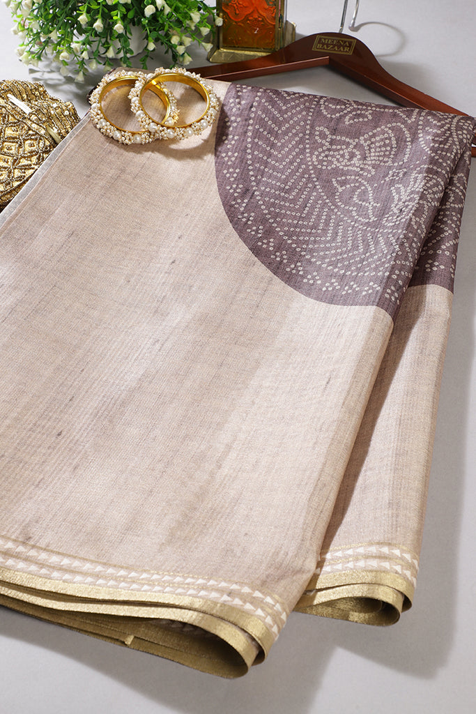 Beige And Grey Tussar Silk Printed Saree