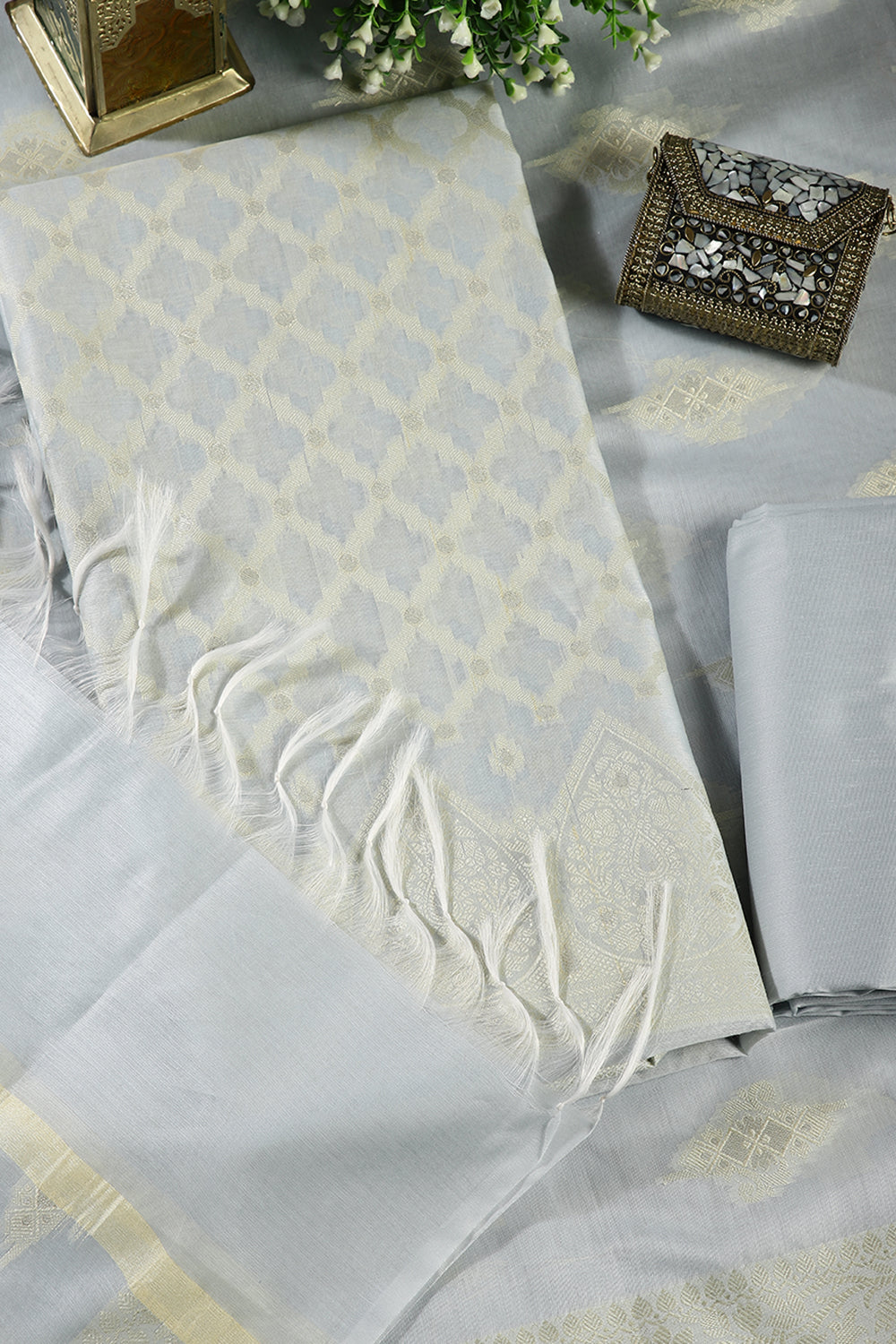 Light Grey Color Chanderi Cotton Woven Unstitched Suit Fabric