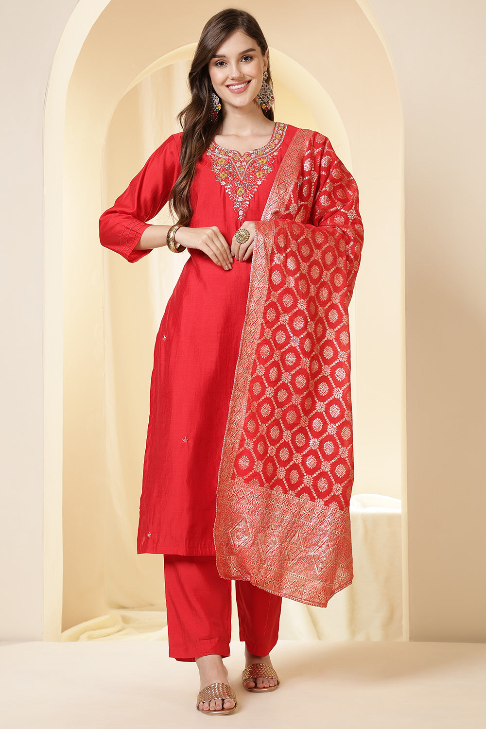Red Color Silk Neck Embroidered Suit Set