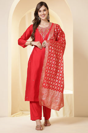 Red Color Silk Neck Embroidered Suit Set