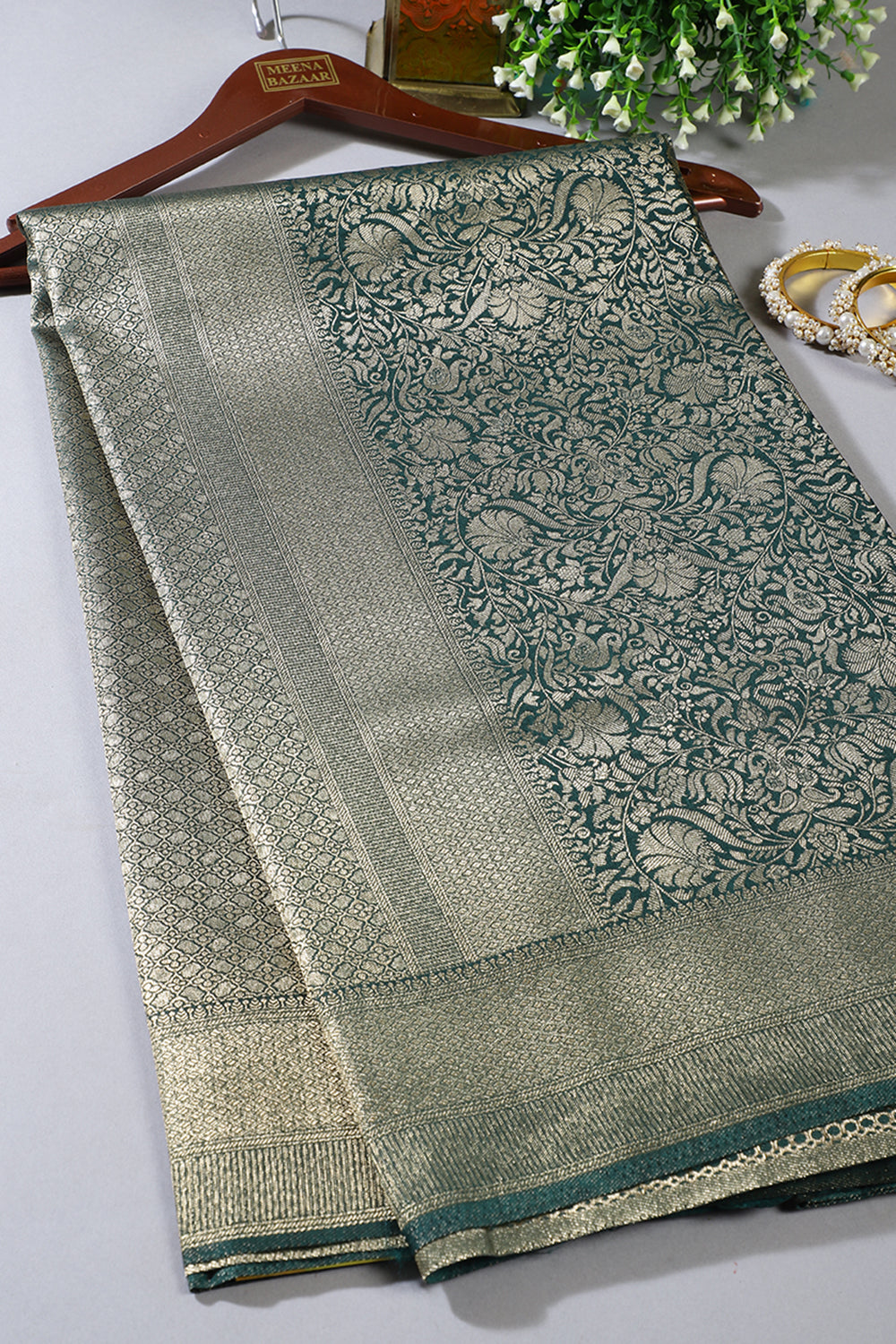 Bottle Green Floral Zaal Woven South Silk Saree