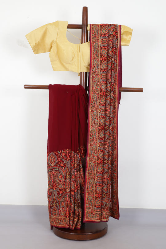 Wine Georggette Resham Embroidered And Swaroski Work Saree