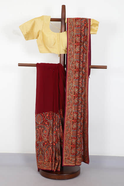 Wine Georggette Resham Embroidered And Swaroski Work Saree
