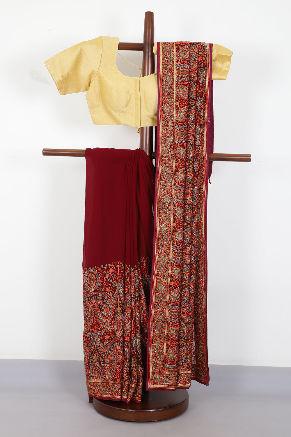 Wine Georggette Resham Embroidered And Swaroski Work Saree