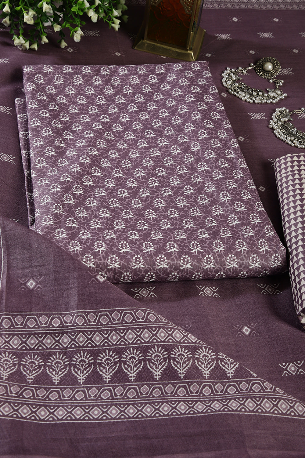 Purple Color Cotton Printed Unstitched Suit