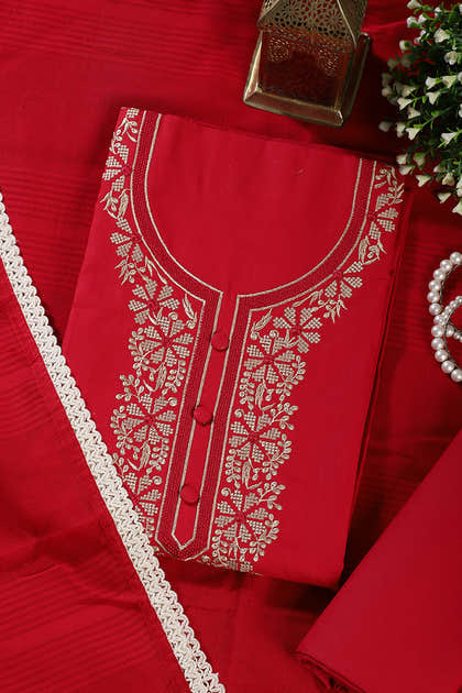 Cardinal Red Cotton Resham Embroidered Unstitched Suit