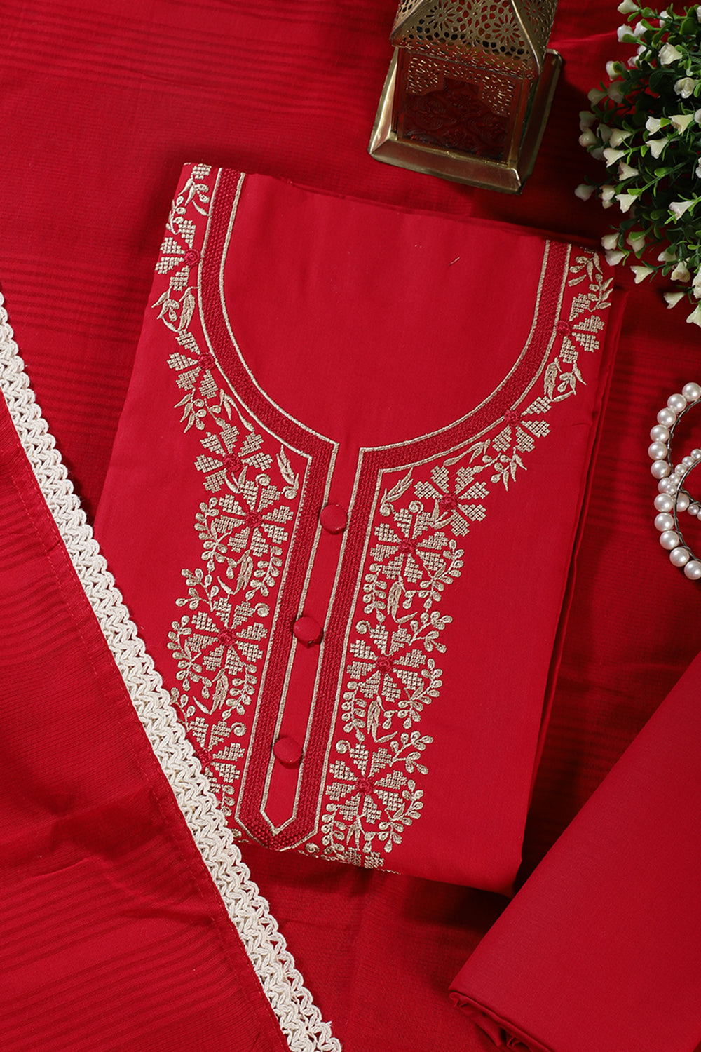 Cardinal Red Cotton Resham Embroidered Unstitched Suit