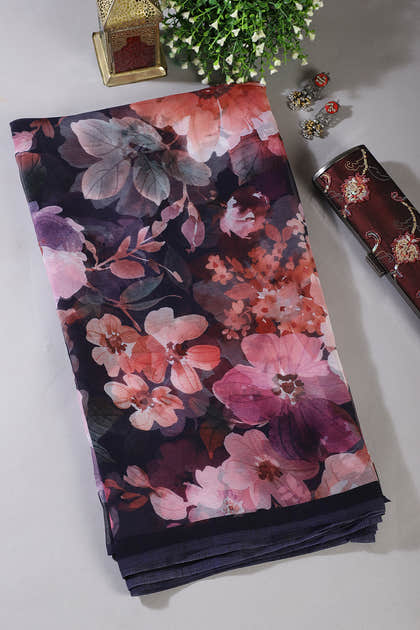 Navy Colour Floral Printed Chiffon Saree