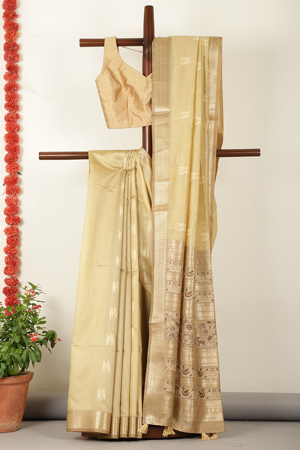 Beige Chanderi Silk Resham & Zari Woven Saree