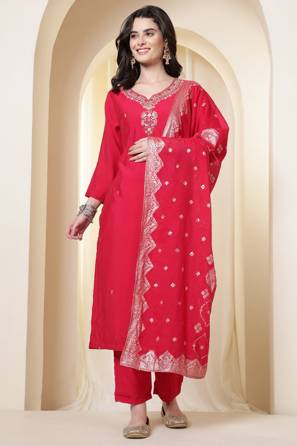 Rani Silk Neck Embroidered Suit Set With Woven Dupatta