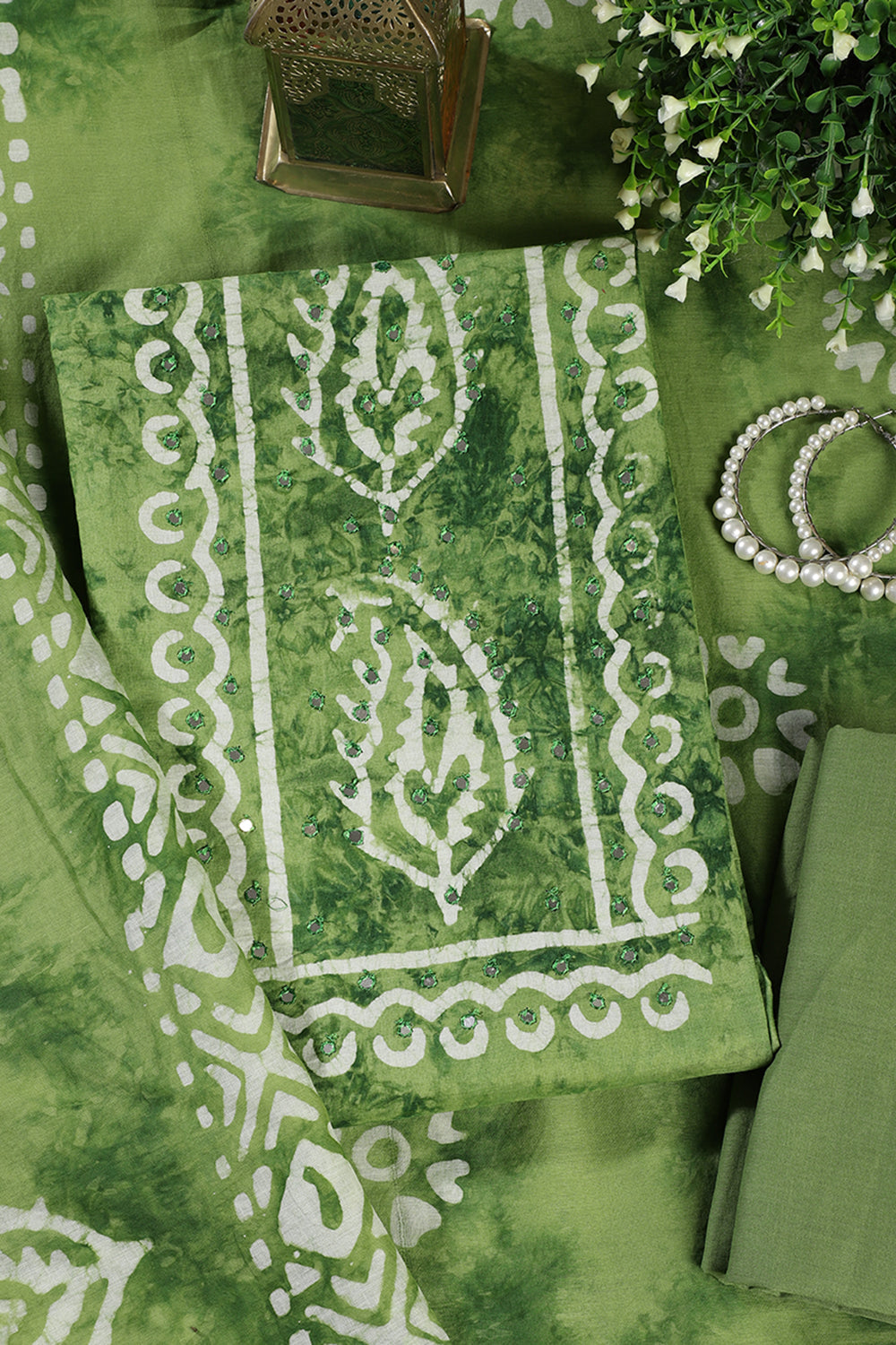 Green Shibori Printed Unstitched Suit Fabric