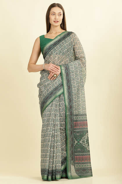 Green Ajrakh Block Printed Cotton Saree