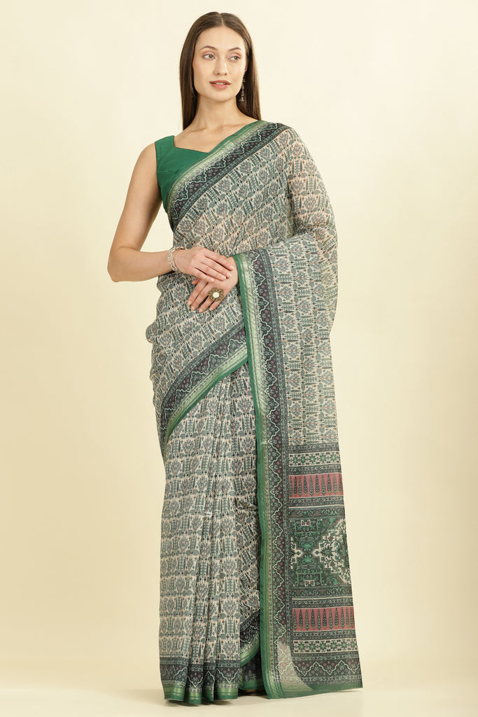 Green Ajrakh Block Printed Cotton Saree