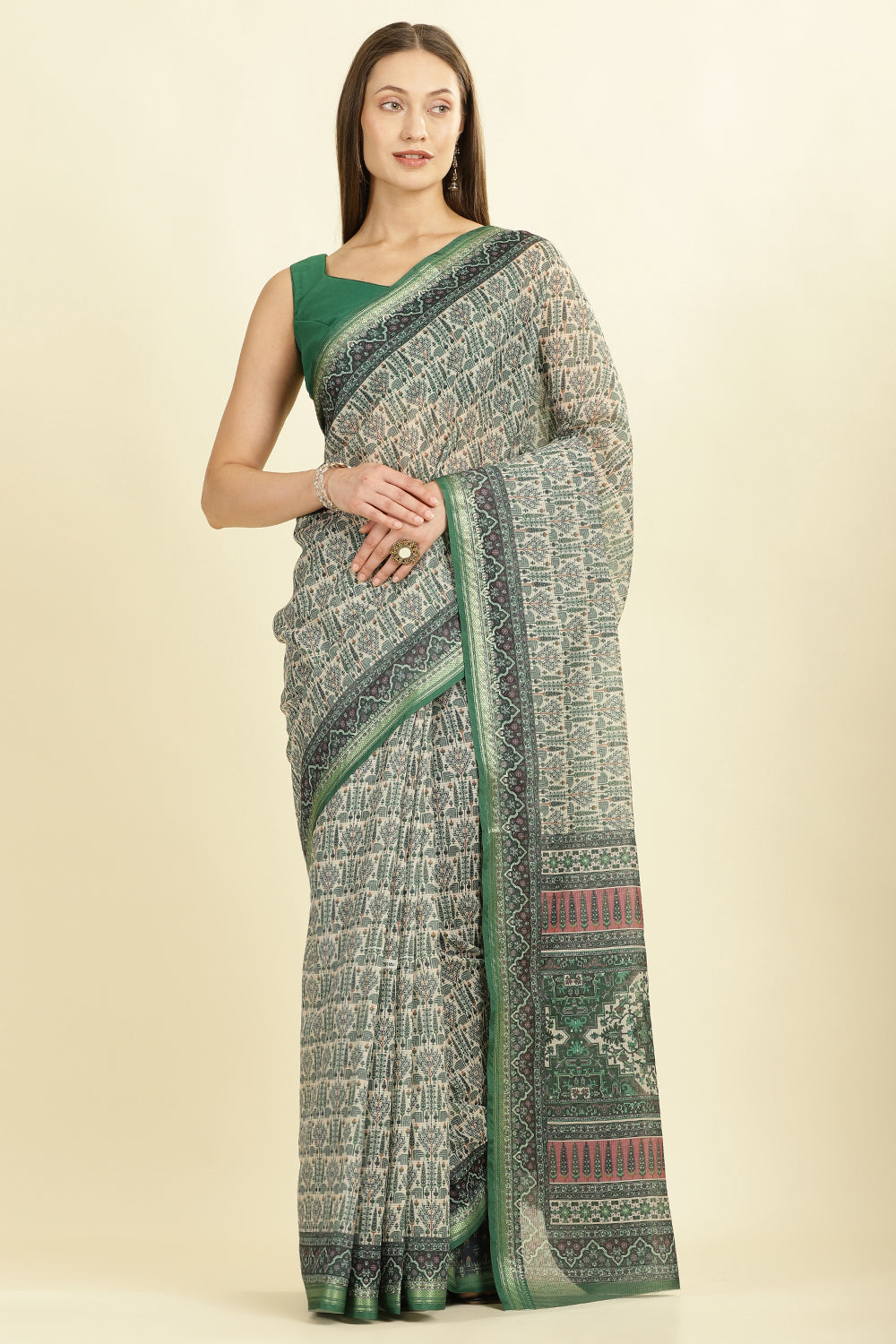 Green Ajrakh Block Printed Cotton Saree