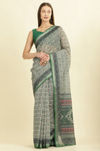 Green Ajrakh Block Printed Cotton Saree